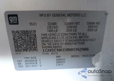 2021 Chevrolet Tahoe 2Wd Lt z USA, uszkodzony, nr VIN 1GNSCNKD8MR362986